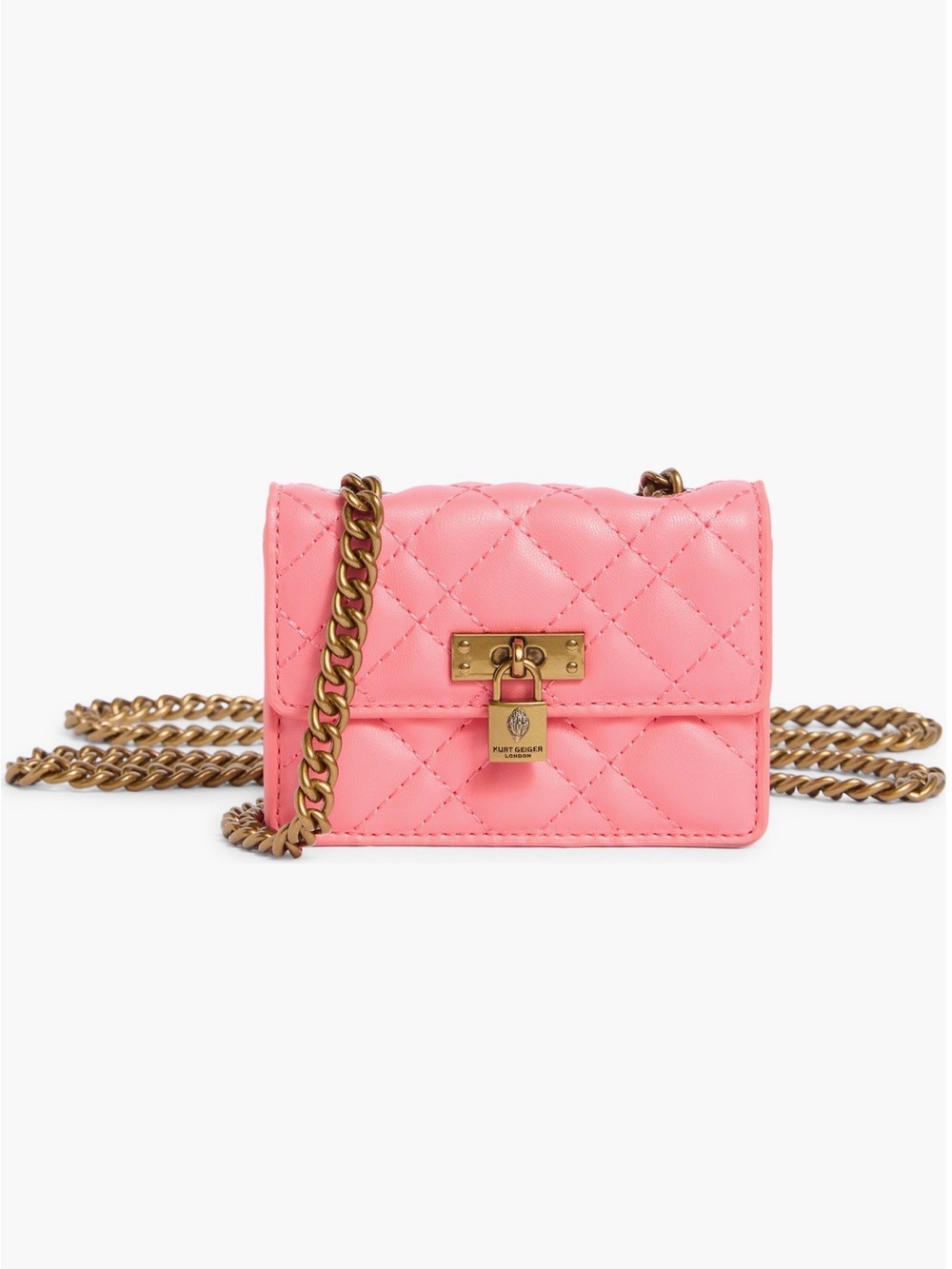 Kurt Geiger Quilted Coral Pink Chain Micro Crossbody with Gold Hardware